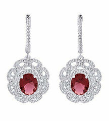 Women's Halo Flower Garnet Gemstone Drop Dangle Earrings In Sterling Silver