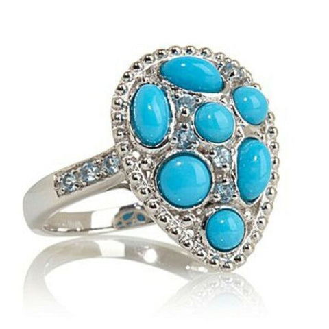 HSN Heritage Gems Sleeping Beauty Turquoise & Topaz Sterling Pear Ring