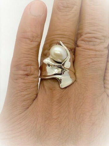 QVC Hagit Sterling Silver Cultured Freshwater Pearl Folds Ring Size 6
