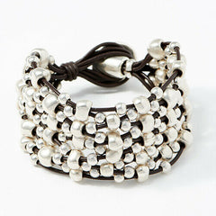 QVC UNOde50 Silvertone Leather Bead Multi Strand Bracelet