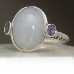 QVC Oval Jade & Gemstone Sterling Silver Three Stone Ring Size 5