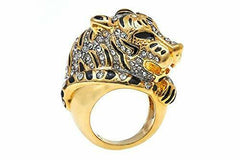 KJL by Kenneth Jay Lane" Fanciful Tiger Head Crystal and Enamel Ring Size 5