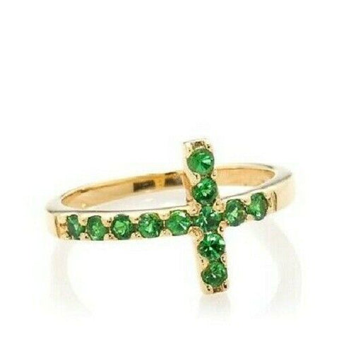 HSN Rarities Fine Jewelry Green Gemstone Vermeil Sideways Cross Ring Size 8