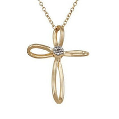 14K Yellow Gold Ladies Natural Diamond Accent Looped Cross Necklace