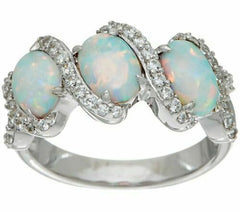 1/4 Ct Diamonique and Lab Opal Band Swirl Ladies 14K Gold On Sterling Ring 6 Qvc