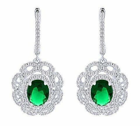 Women's Halo Flower Emerald Gemstone Drop Dangle Earrings In Sterling Silver
