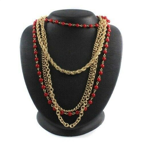 QVC Robert Rose Goldtone Long Layered Red Beaded 24" Necklace - Rose Gold