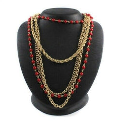 QVC Robert Rose Goldtone Long Layered Red Beaded 24" Necklace