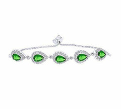 Emerald Pear Teardrop Halo Station Link Adjustable Bracelet in Sterling Silver