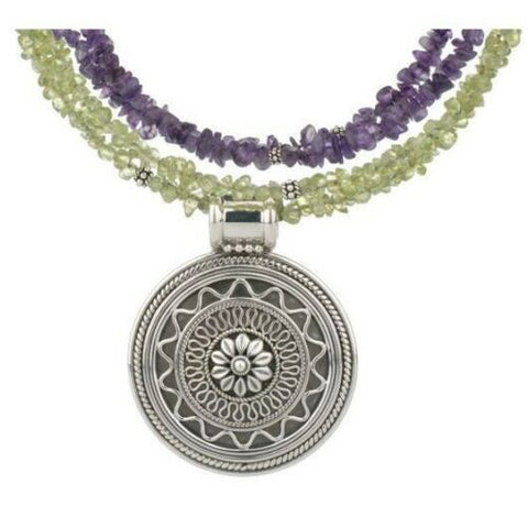 QVC Artisan Crafted Sterling Medallion w/ Amethyst & Peridot Coils Necklace