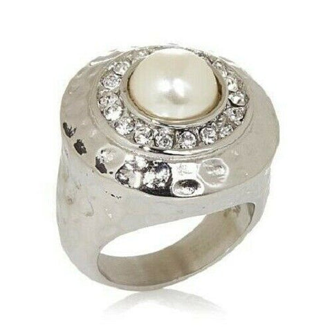 Round Pearl & Crystal Design Ring Size 6
