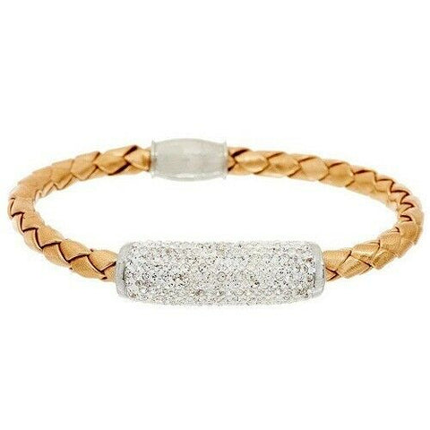 QVC Steel by Design Stainless Steel Woven Crystal Rose Leather Bracelet