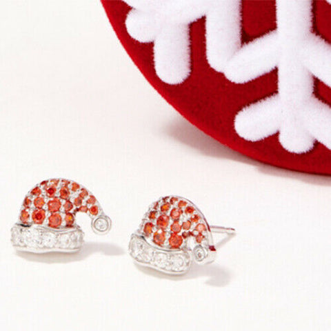 Diamonique Sterling Santa Hat Christmas Stud Earrings Snowflake Gift Box