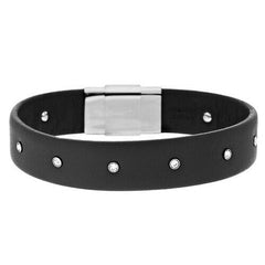 QVC Steel by Design Stainless Steel Crystal Black Leather Small Bracelet