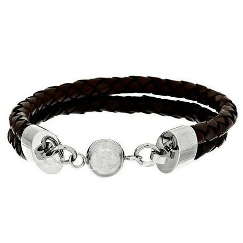 QVC Steel by Design Stainless Double Row Dark Brown Leather Average Bracelet
