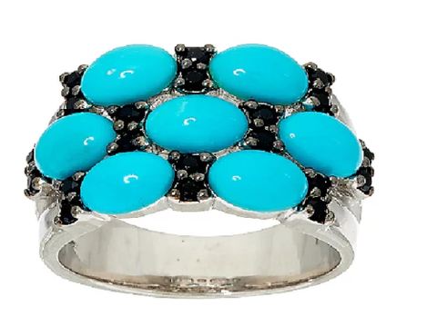 Sleeping Beauty Turquoise & Black Spinel Sterling Ring Sz-5 QVC