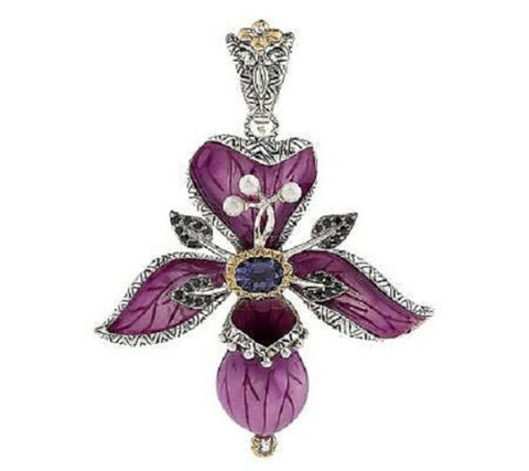 Barbara Bixby 18K Gold Sterling Gemstone Cultured Pearl Orchid Enhancer Pendant