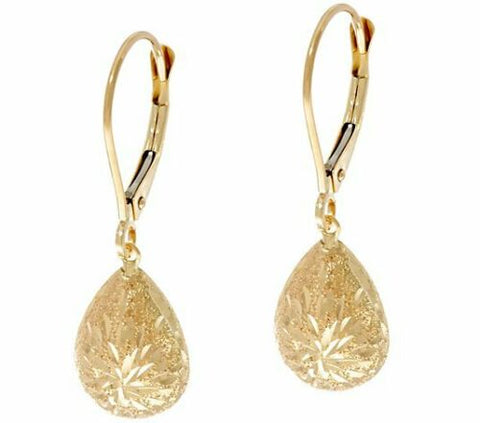 14K Solid Gold Diamond Cut Lever Back Drop Dangle Earrings QVC