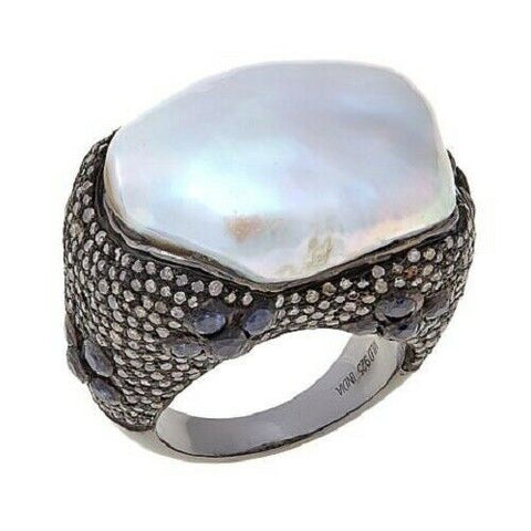 HSN Rarities Freshwater Pearl, Champagne Diamond & Sapphire Cluster Ring