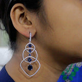 Geometry Statement Blue Sapphire Dangle Hoop Earrings 14K Gold On Sterling