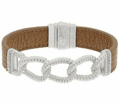 Judith Ripka Sterling Verona Curb Link & Beige Leather 7-1/4" Bracelet QVC