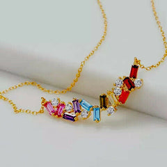 Diamonique Gemstone Rainbow Pride Scattered Baguette Sterling Necklace