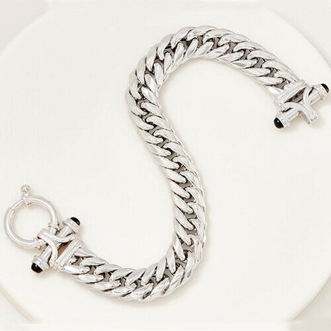 QVC Silver Style Sterling Black Onyx Cuban Link 8" Bracelet 28.0g