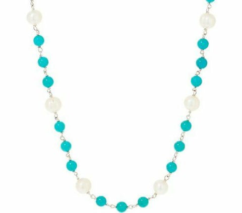 QVC Honora Cultured Pearl & Gemstone Turquoise Bead 36" Necklace Sterling